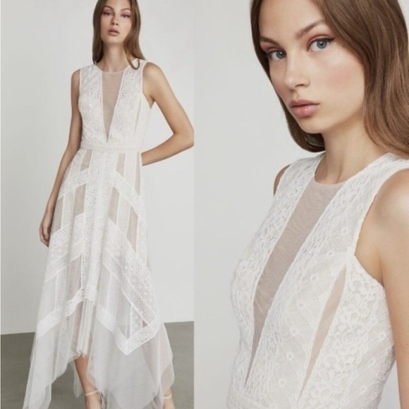 BCBG MAXAZARIA Andi Handkerchief Asymmetrical Lace Tulle Dress Off-White- Size 8 - Picture 3 of 13